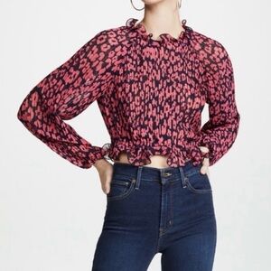 C/MEO Collective Pleated Floral Blouse Long Sleeve Cropped Keyhole Back Ruffles